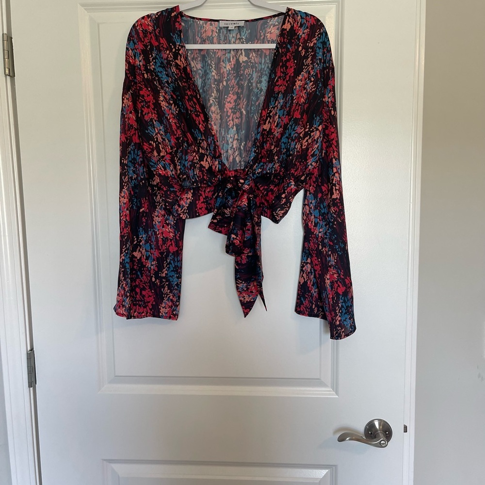 Buckle Multicolor Floral Blouse with Tie-Front